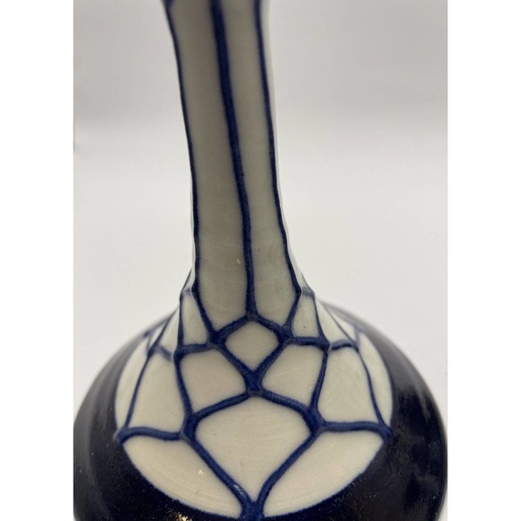 2 Vintage Pottery Candlestick Holders Geometric / Web Design Cobalt Blue & White - Picture 6 of 14